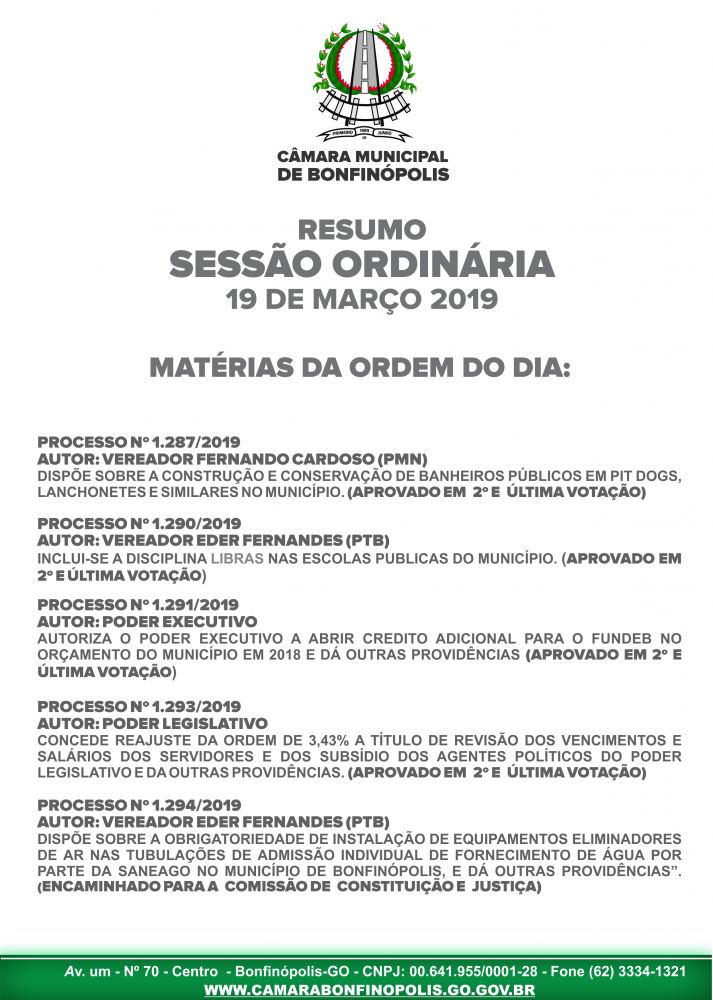 RESUMO SESSÃO ORDINÁRIA DO DIA 19 DE MARÇO