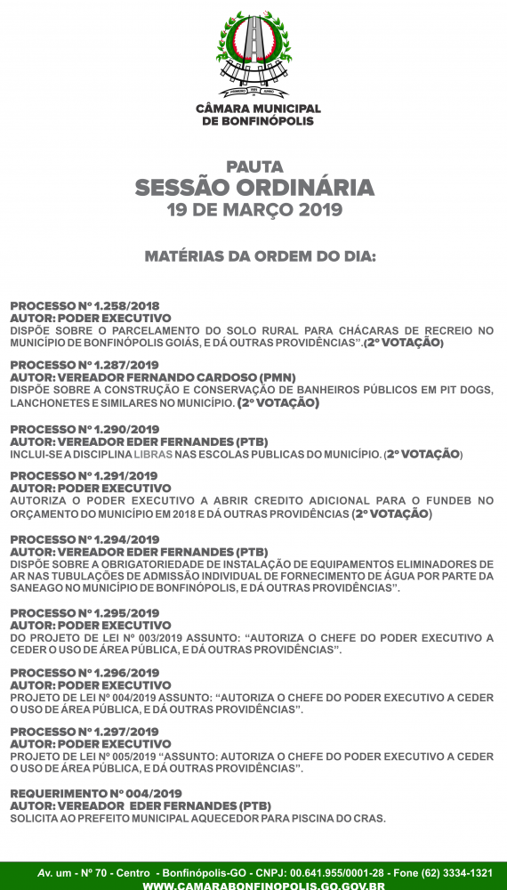 PAUTA SESSÃO DIA 19 DE MARÇO 2019