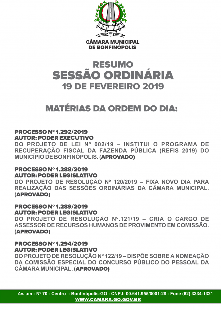 RESUMO SESSÃO ORDINÁRIA DO DIA 19 DE FEVEREIRO.